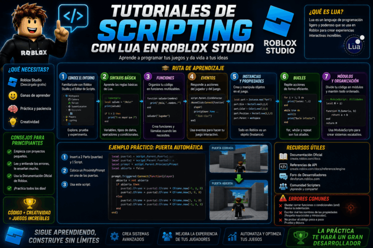 Tutoriales de scripting con Lua en Roblox Studio.