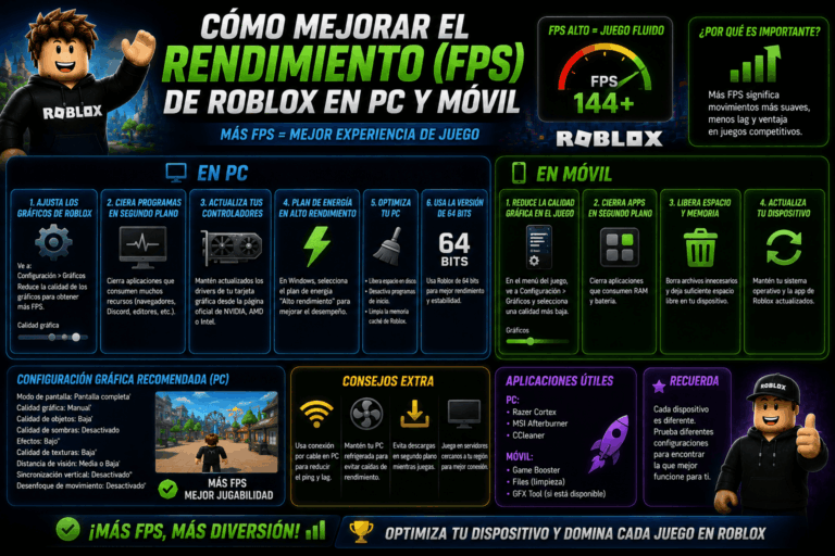 Cómo mejorar el rendimiento (FPS) de Roblox en PC y móvil.